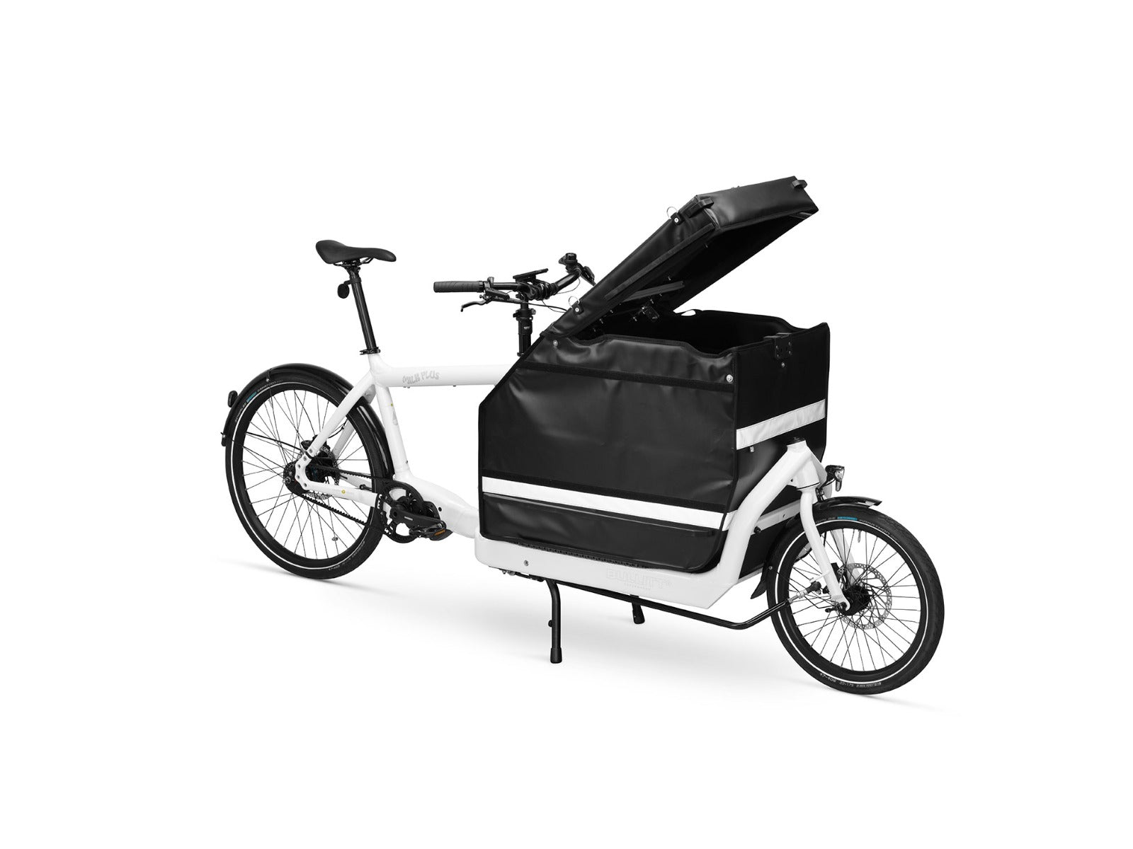 A white eBullitt cargo bike with a lidded black cargo box mounted on the cargo bed. The lid is open.