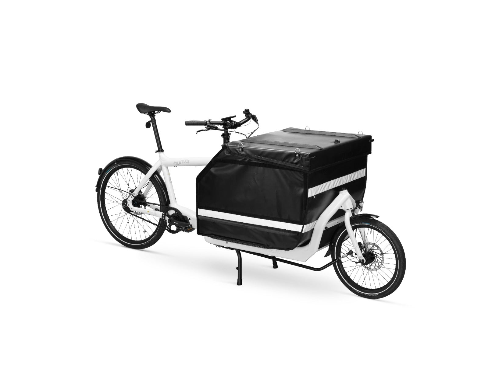 A white eBullitt cargo bike with a lidded black cargo box mounted on the cargo bed. The lid is closed