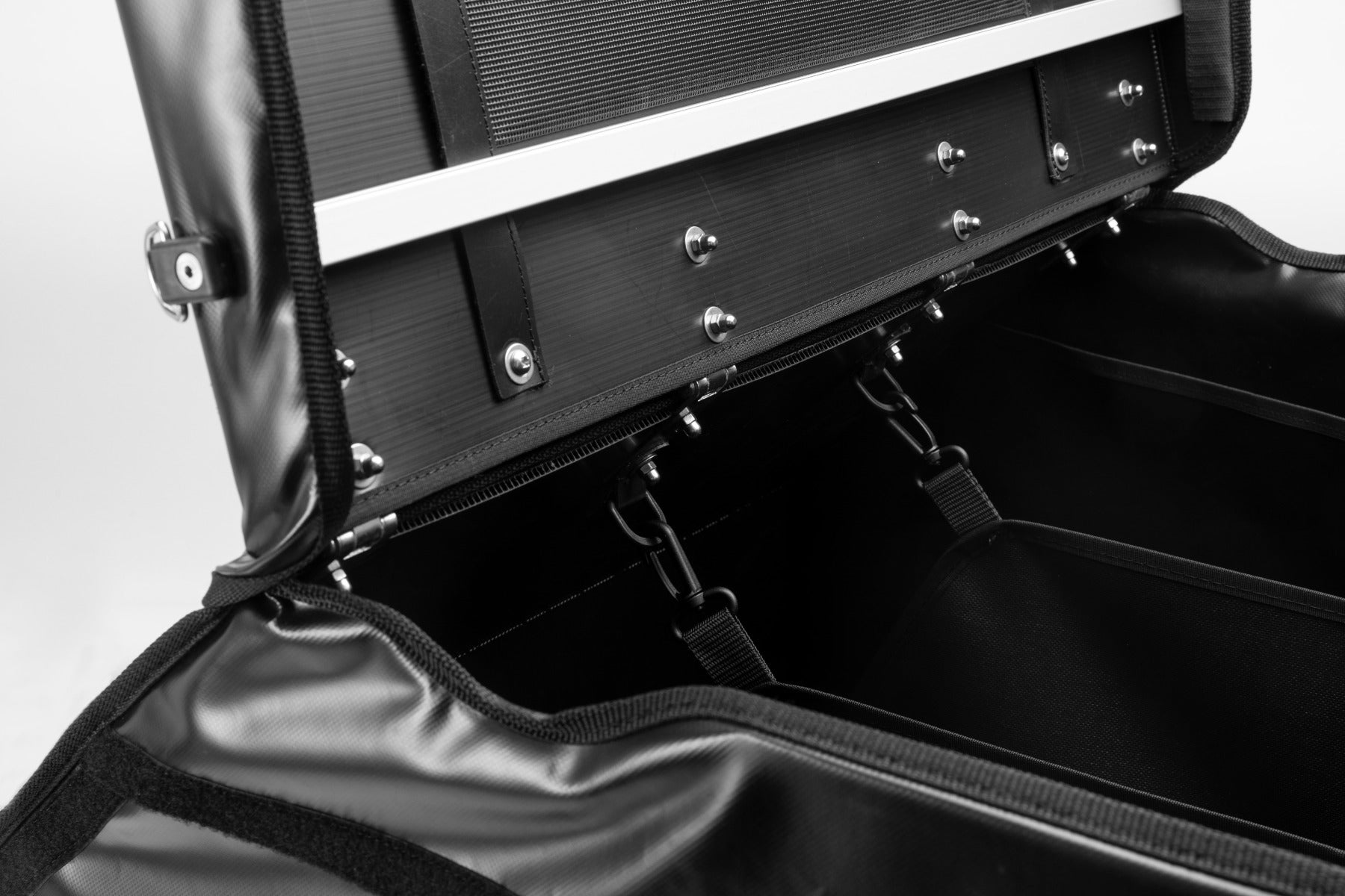 Black BagPRO box for Bullitt cargo bikes, with the lid open.