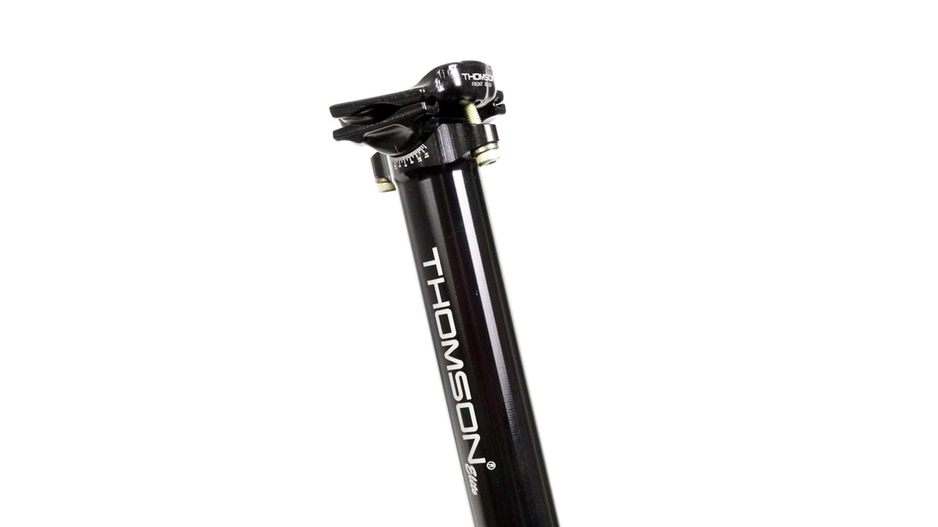 Closeup of a black seatpost. Printing on the side reads "Thomson Elite"