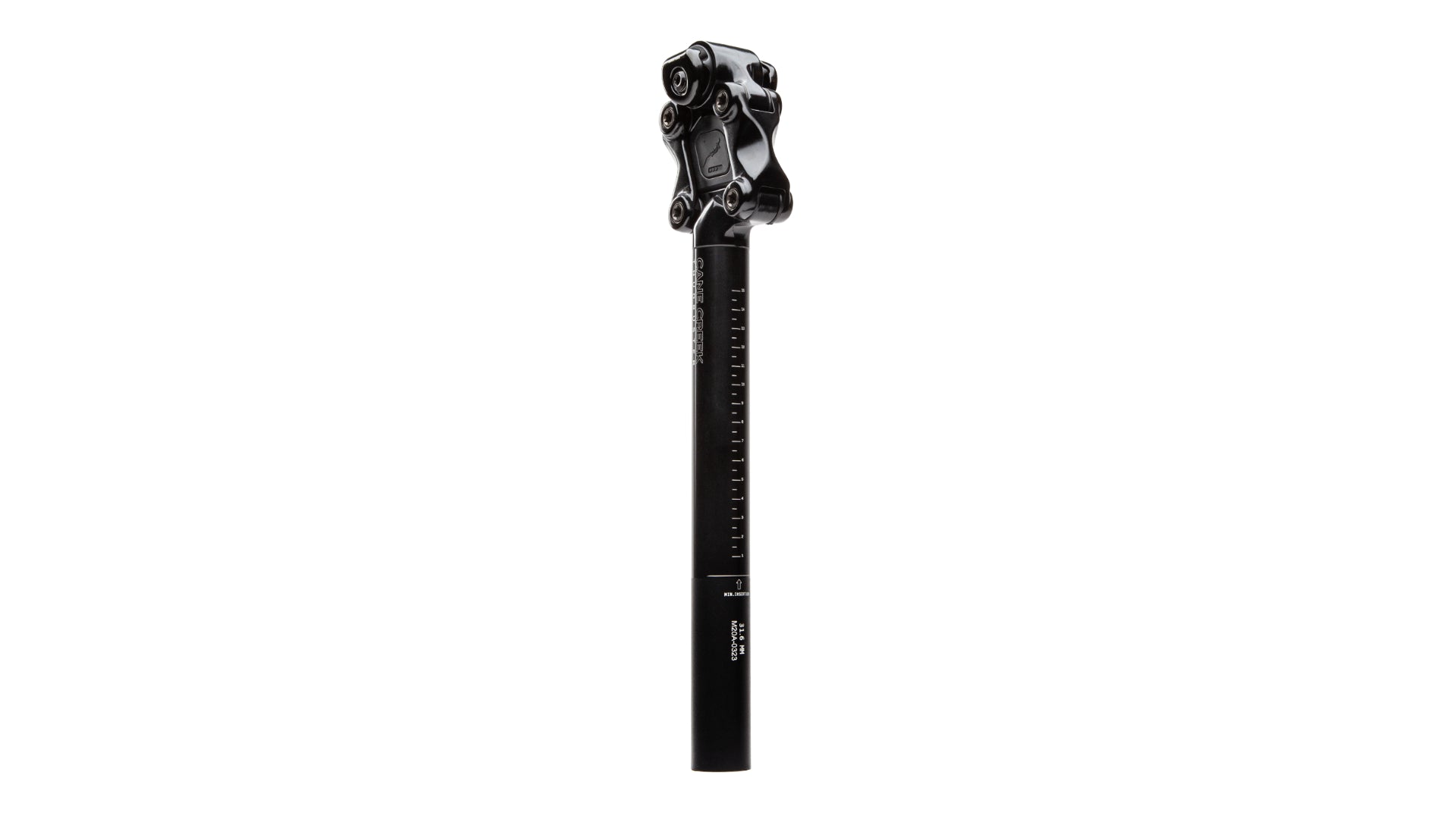 A suspension seatpost on a white background. Height marks are printet on one side