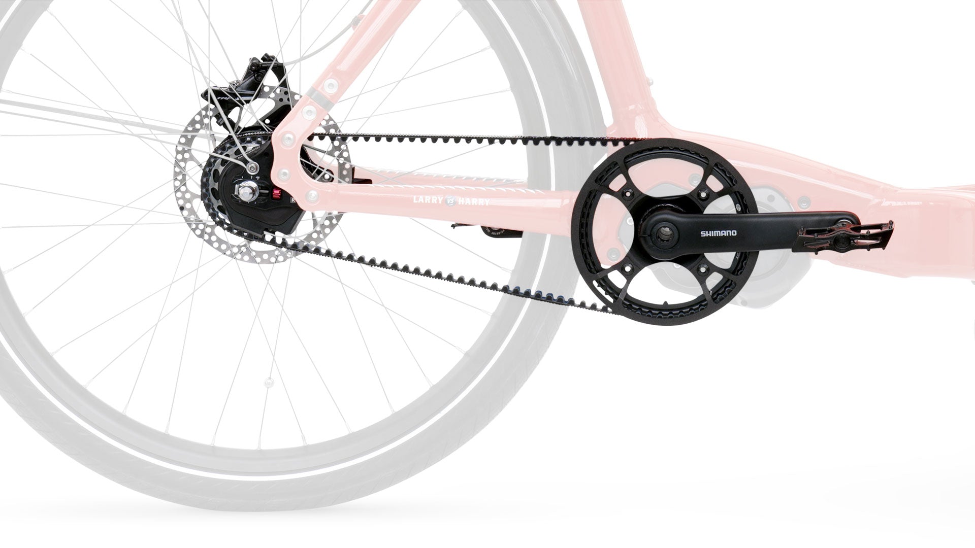 Closeup of the Alfine 11 Di2 gear group mounted on an eBullitt. It is internal gearing with belt and electronic shifting.