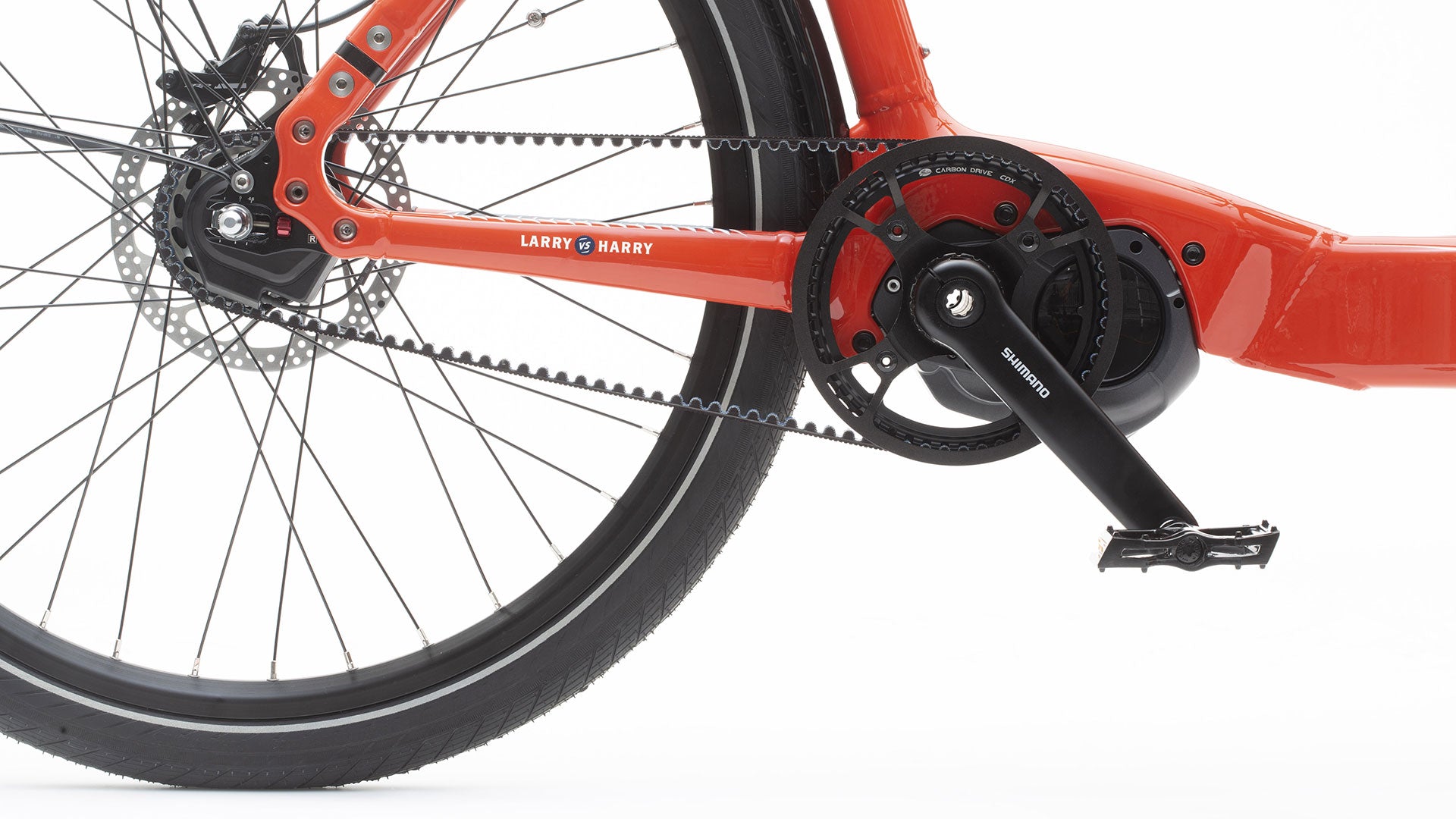 Closeup of the Alfine 11 Di2 gear group mounted on an eBullitt. It is internal gearing with belt and electronic shifting.