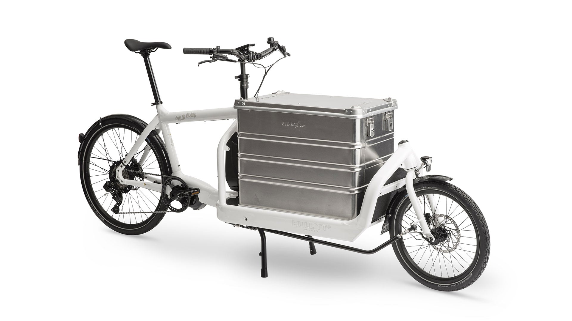A white eBullitt cargo bike with a lidded aluminium transport box mounted on the cargo bed