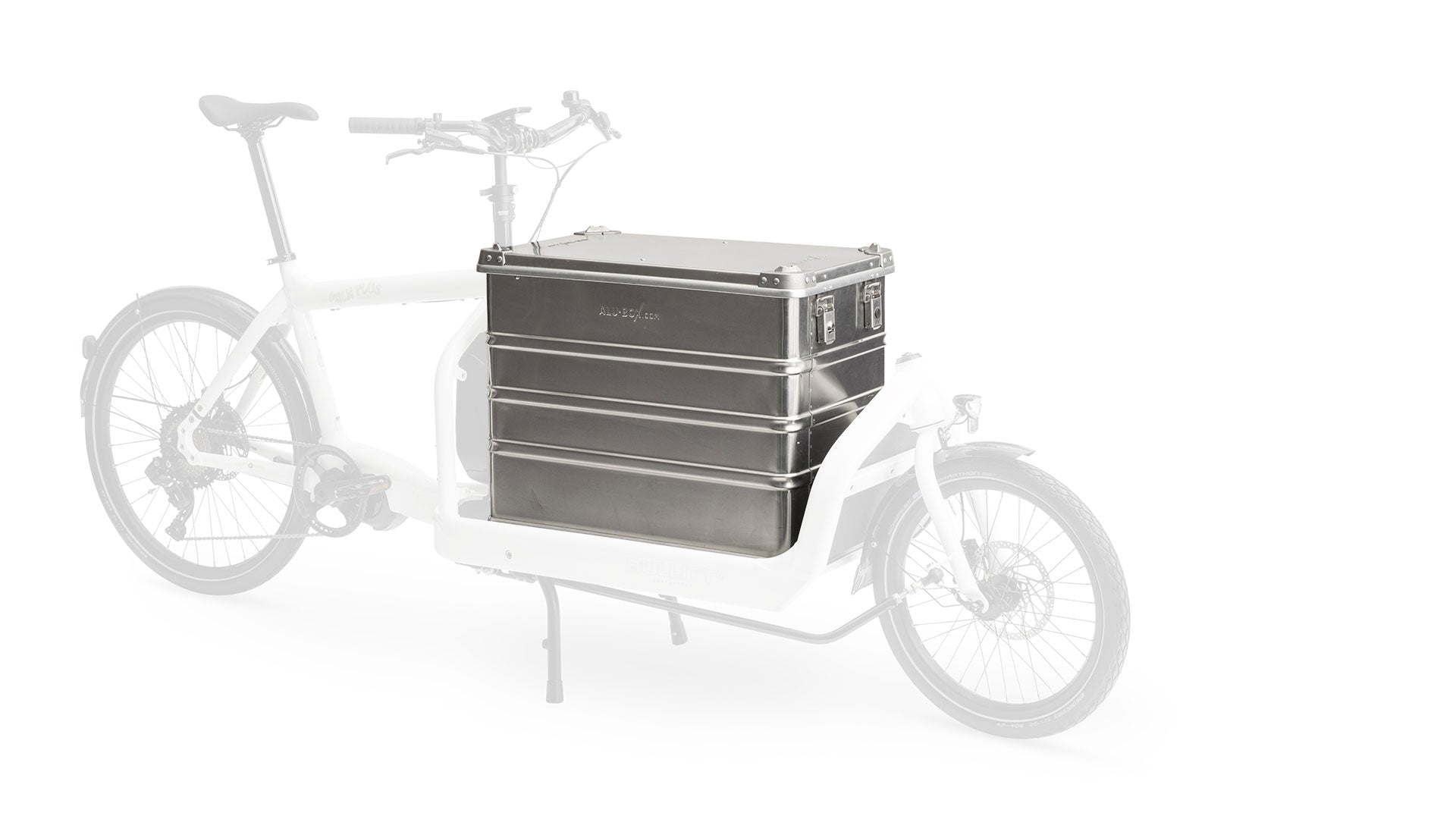 A lidded aluminium transport box mounted on the cargo bed of a Bullitt cargo bike