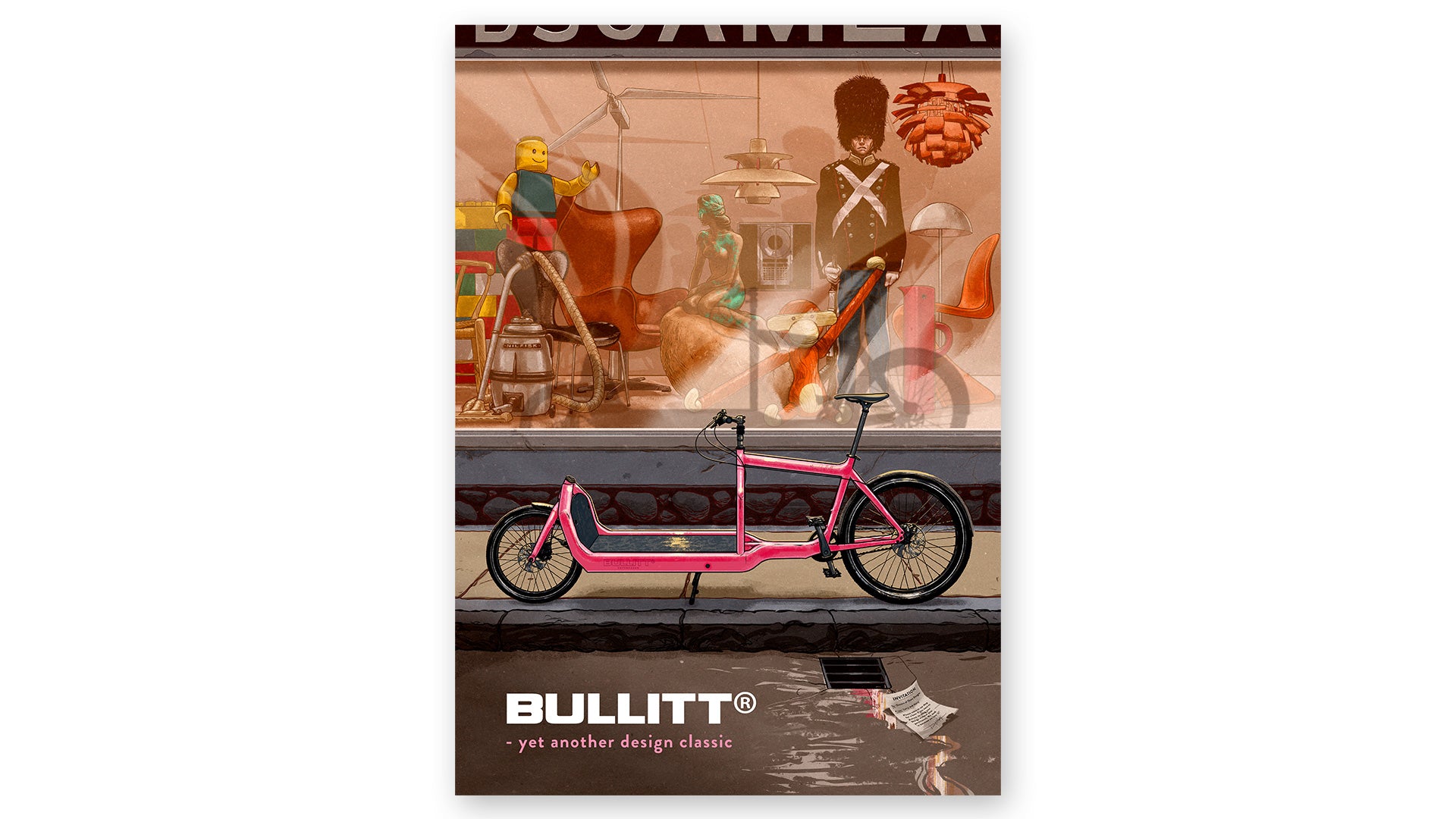 Bullitt Poster with frame, that shows a pink bike in front of a store window