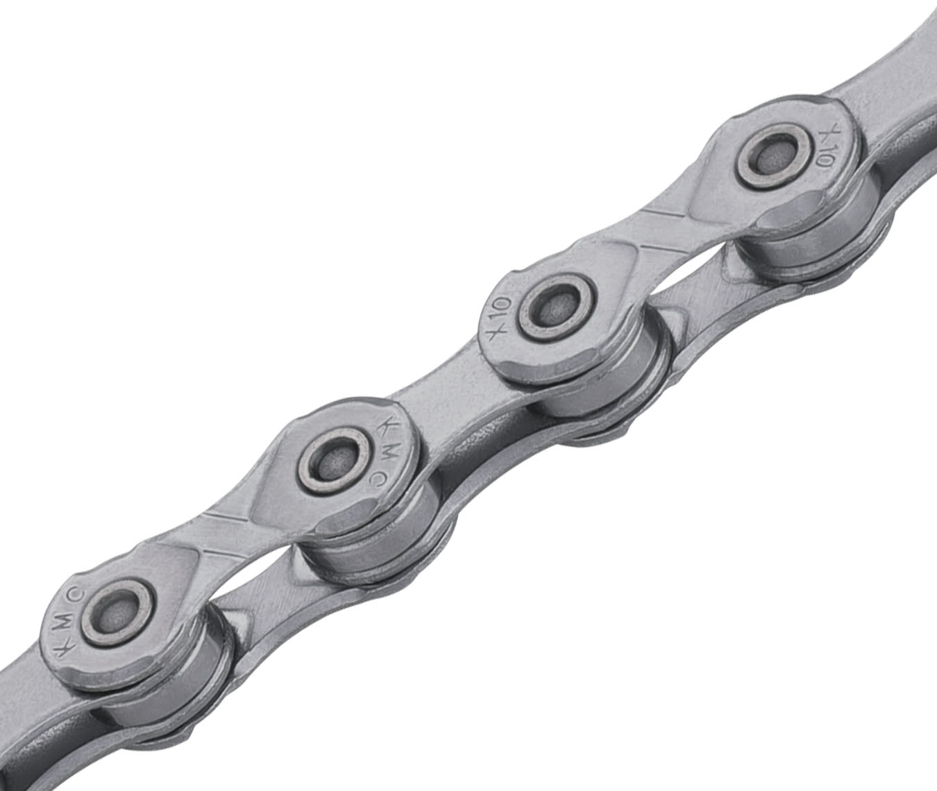 Close-up of bike chain links with "KMC" and "X10" engraved on each link