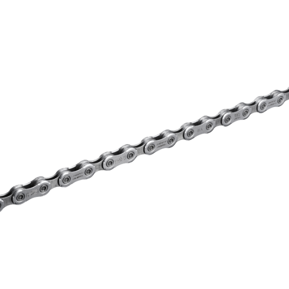 Closeup of bike chain with "HG" and something else engraved on each link