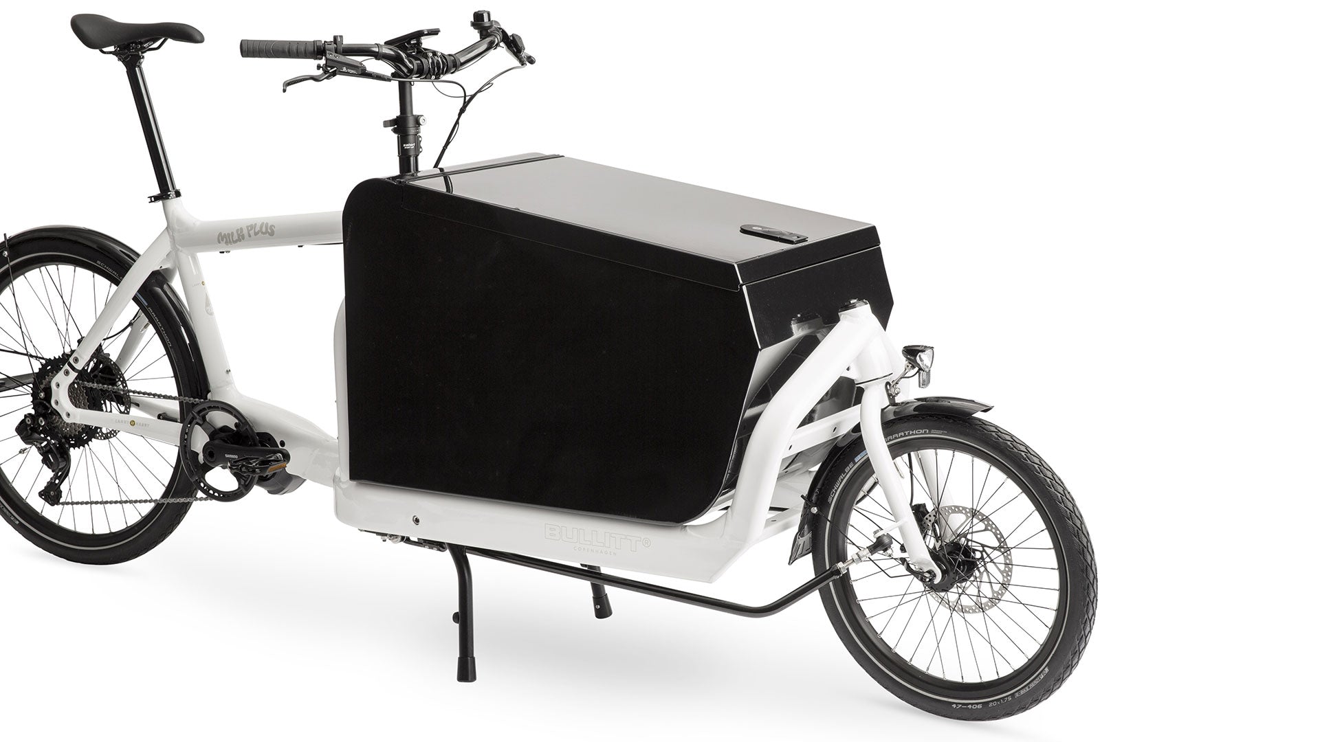 A white eBullitt cargo bike with a lidded black aluminium cargo box mounted on the cargo bed