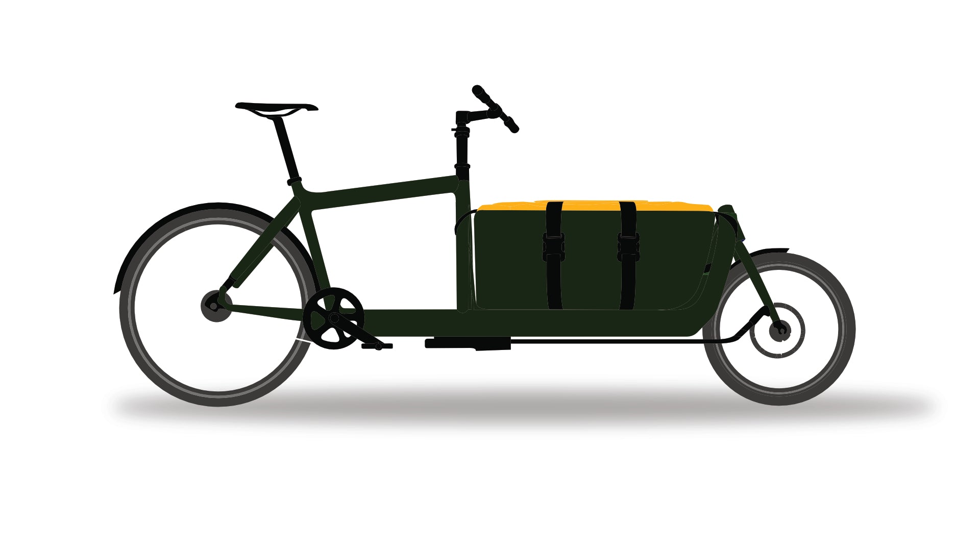 Cargo bag from Dyed in the wool with dark green, grey and yellow panels displayed on a dark green bullitt
