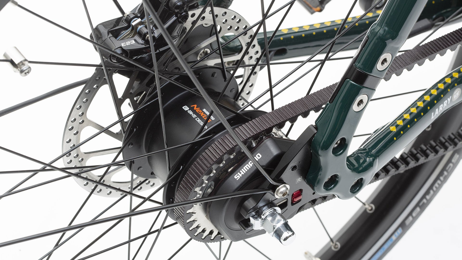 Closeup of the Nexus hub on a Bullitt cargo bike with the Gates carbon belt mounted