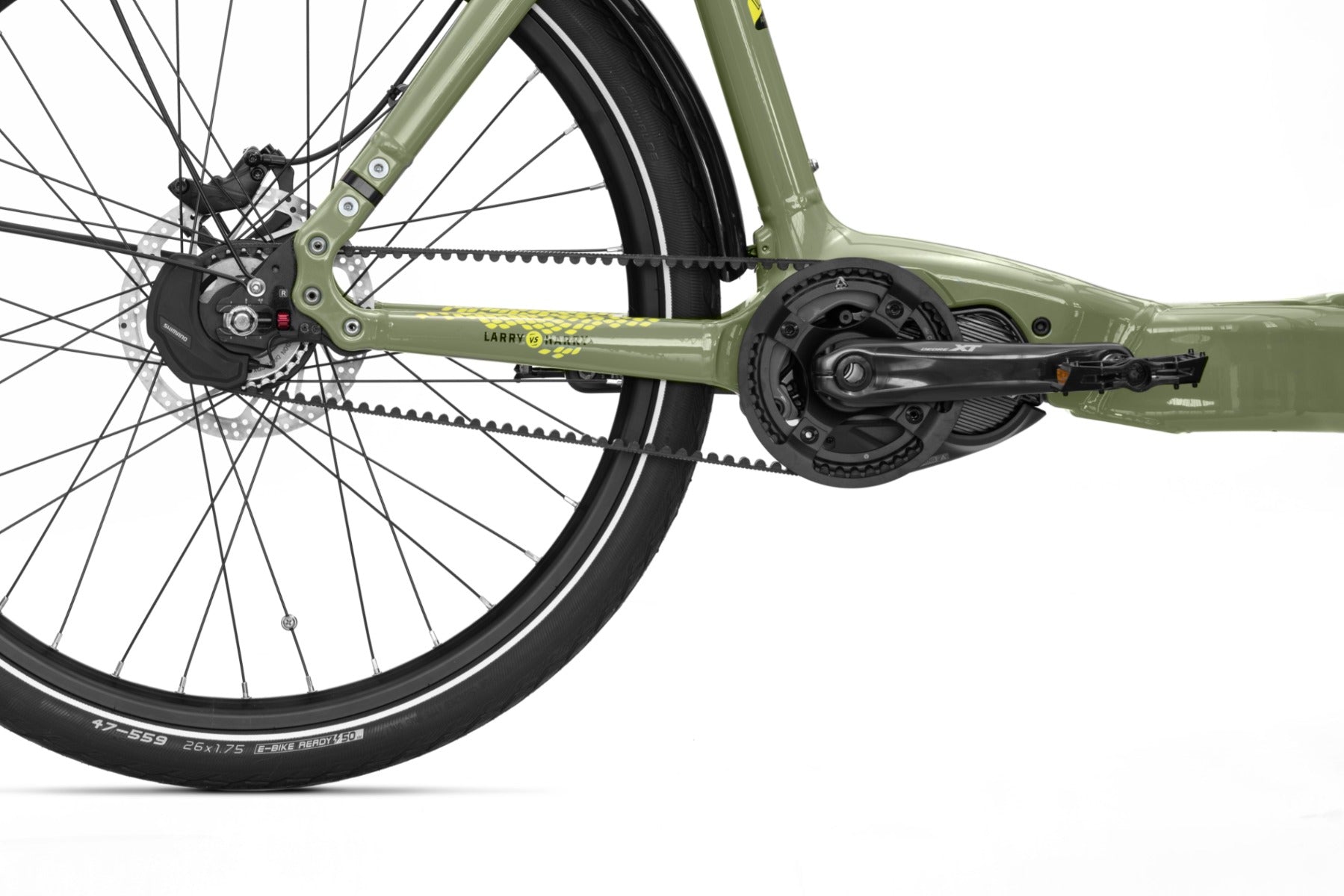 Closeup of the drivetrain on an eBullitt cargo bike with internal gearing and Gates carbon belt