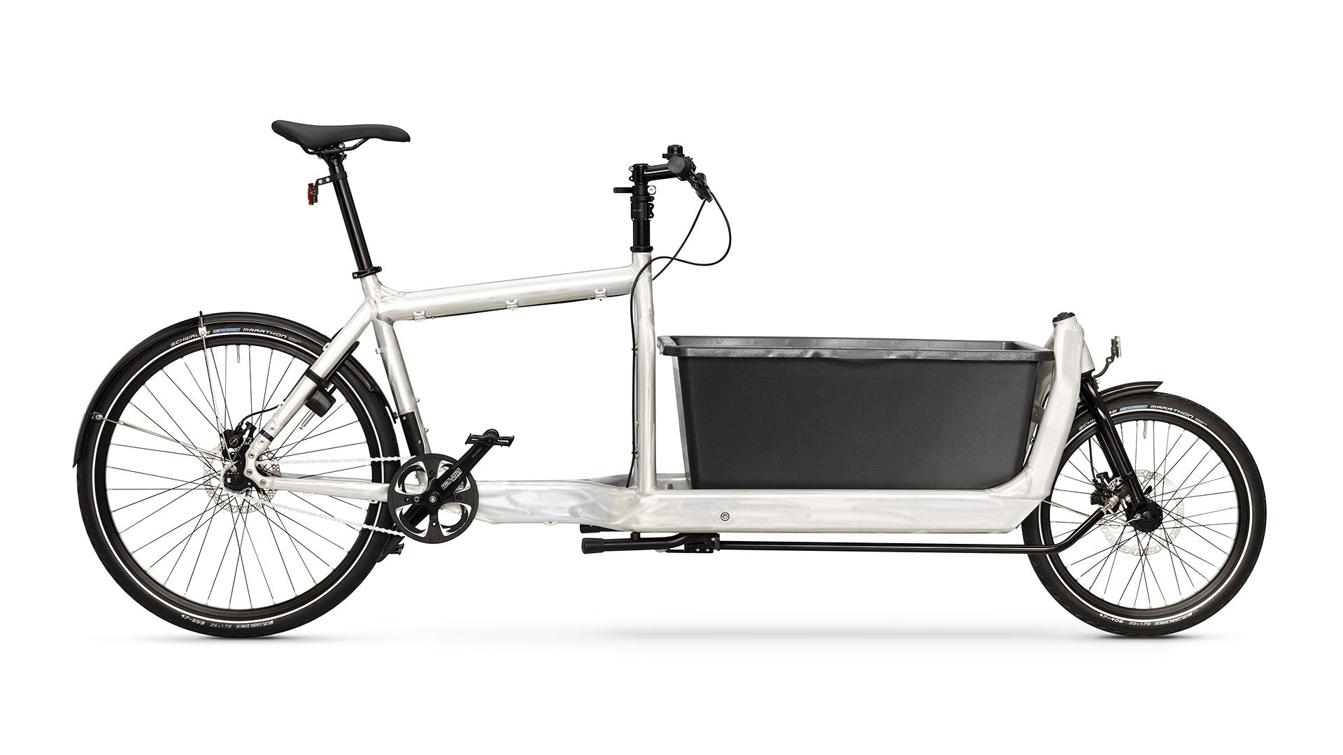 An Original Bullitt cargo bike in Raw aluminium colourway with a mortar tub style black plastic box on the cargo bed