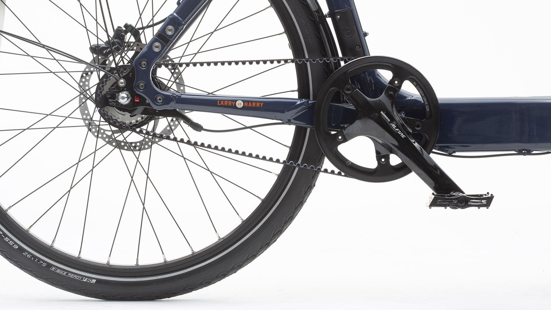 Closeup of the drivetrain on a pedal-powered Bullitt cargo bike with internal gears and Gates carbon belt