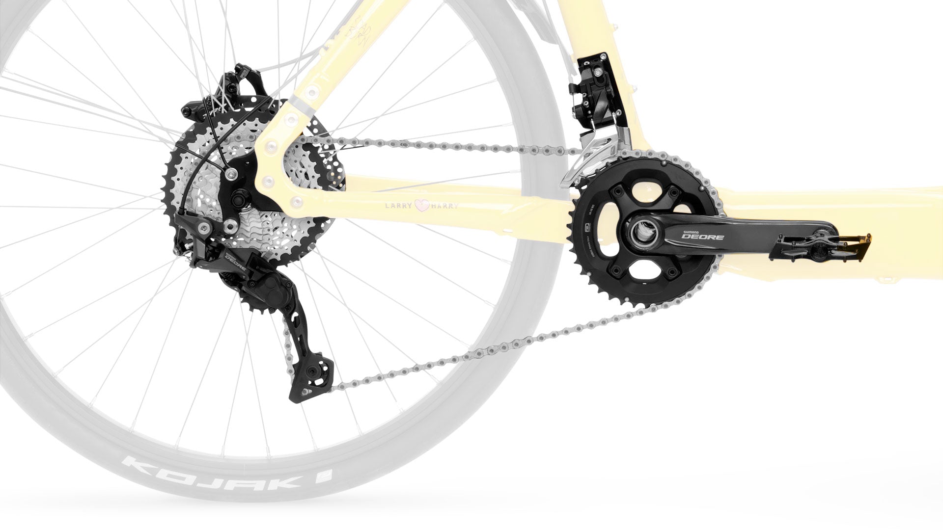 Closeup of the Deore 20 speed gear group mounted on a Bullitt. It is external gearing with front derailleur. Two chainrings in the front and 10 speed cassette.
