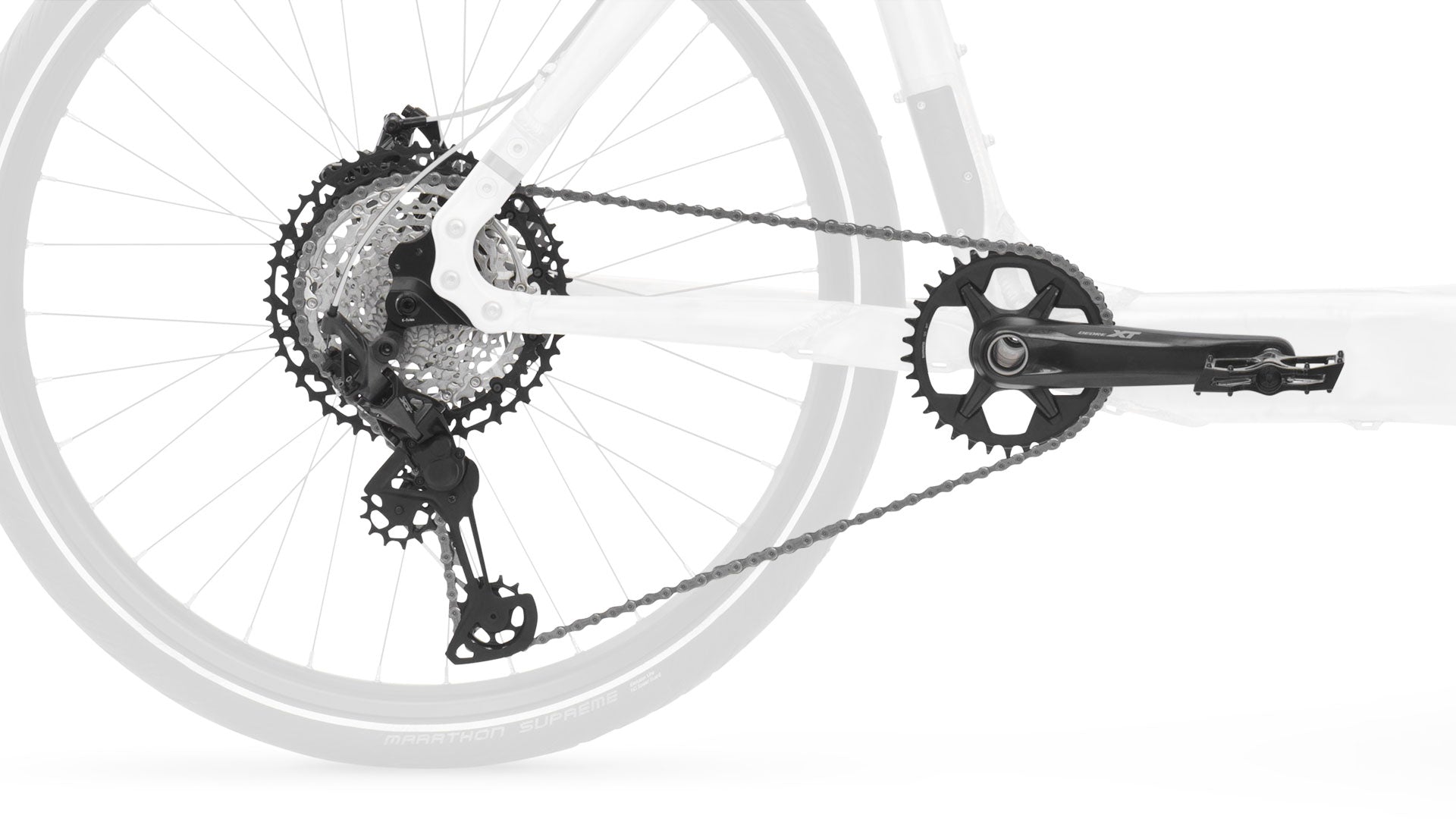 Closeup of the XT 12 speed gear group mounted on a Bullitt. It is external gearing with a single chainring in the front and 12 speed cassette.