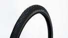 Closeup of a Schwalbe Marathon tyre on white background