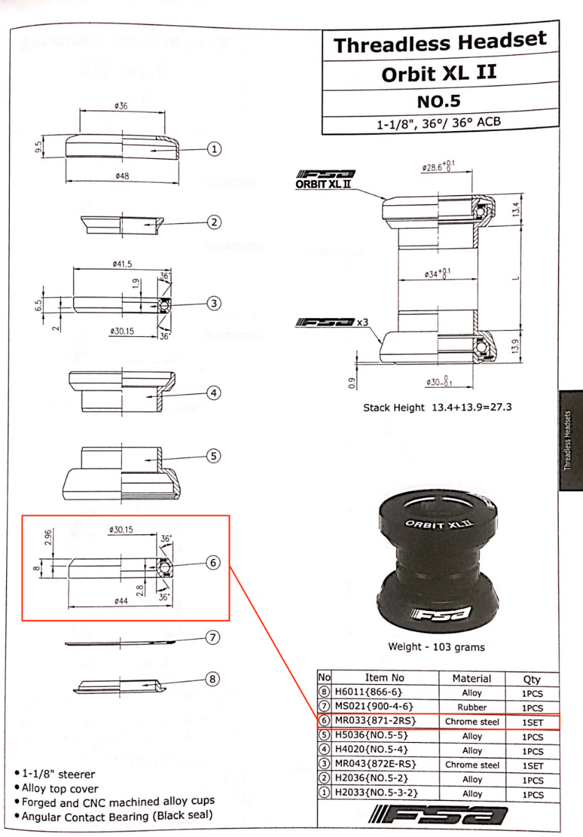 FSA Orbit XL II, Bottom bearing