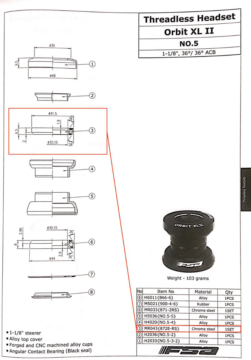 FSA Orbit XL II headset, Top bearing, 1 1/8"